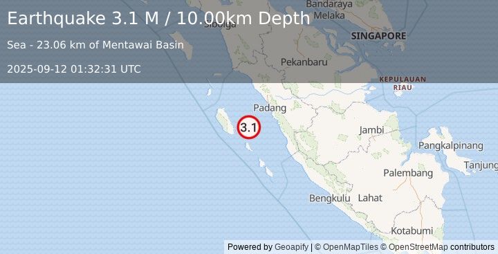 Earthquake Southern Sumatra, Indonesia (3.1 M) (2025-09-12 01:32:31 UTC)