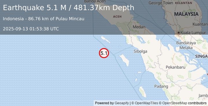 Earthquake Off West Coast of Northern Sumatra (5.1 M) (2025-09-13 01:53:38 UTC)
