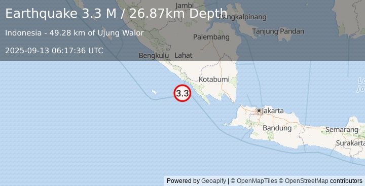 Earthquake Southern Sumatra, Indonesia (3.3 M) (2025-09-13 06:17:36 UTC)