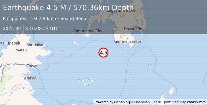 Earthquake Mindanao, Philippines (4.5 M) (2025-09-13 16:08:28 UTC)