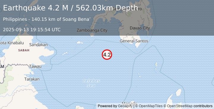 Earthquake Mindanao, Philippines (4.2 M) (2025-09-13 19:15:54 UTC)