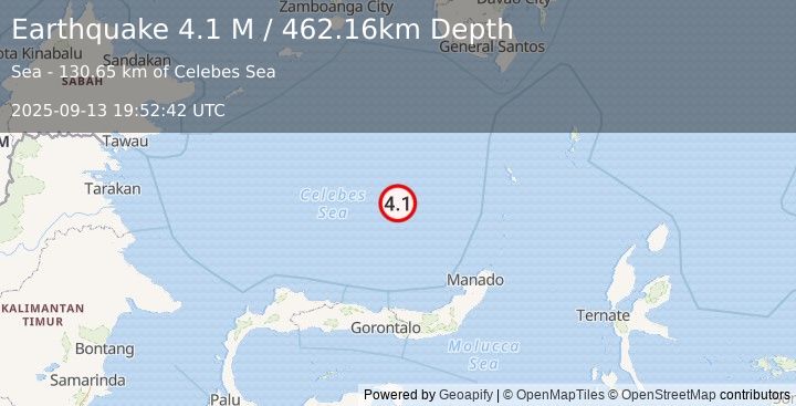 Earthquake Celebes Sea (4.1 M) (2025-09-13 19:52:42 UTC)