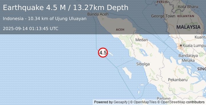 Earthquake Off West Coast of Northern Sumatra (4.5 M) (2025-09-14 01:13:45 UTC)