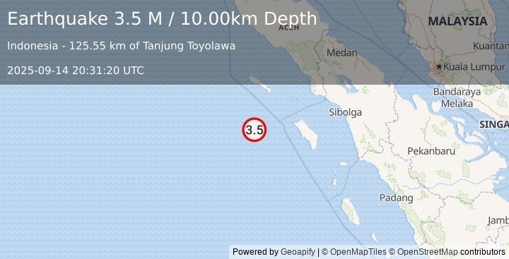 Earthquake Off West Coast of Northern Sumatra (3.5 M) (2025-09-14 20:31:20 UTC)