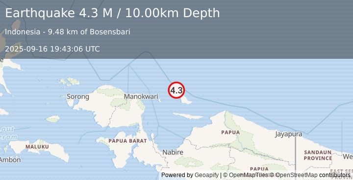 Earthquake West Papua Region, Indonesia (4.3 M) (2025-09-16 19:43:06 UTC)
