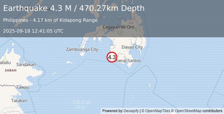 Earthquake Mindanao, Philippines (4.3 M) (2025-09-18 12:41:05 UTC)