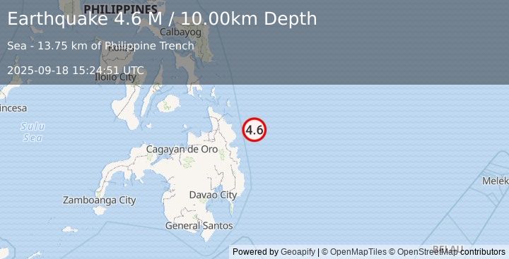 Earthquake Mindanao, Philippines (4.6 M) (2025-09-18 15:24:51 UTC)