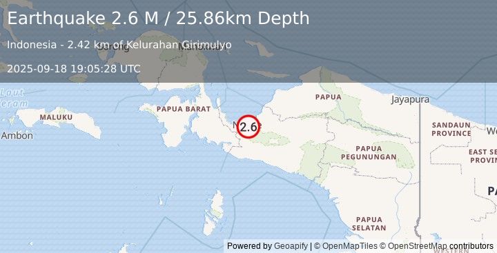 Earthquake West Papua Region, Indonesia (2.6 M) (2025-09-18 19:05:28 UTC)