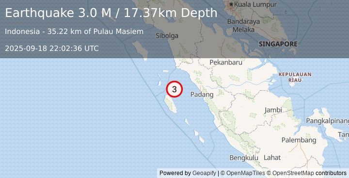 Earthquake Southern Sumatra, Indonesia (3.0 M) (2025-09-18 22:02:36 UTC)