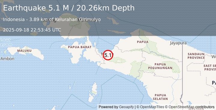 Earthquake West Papua Region, Indonesia (5.1 M) (2025-09-18 22:53:45 UTC)