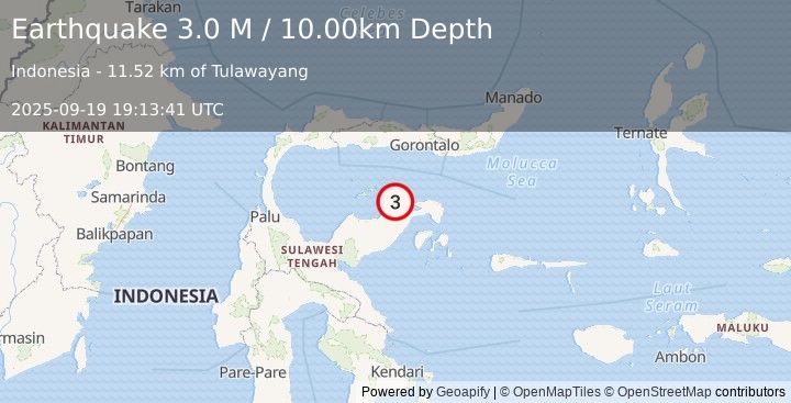 Earthquake Minahassa Peninsula, Sulawesi (3.0 M) (2025-09-19 19:13:41 UTC)