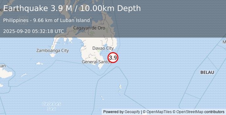 Earthquake Mindanao, Philippines (3.9 M) (2025-09-20 05:32:18 UTC)