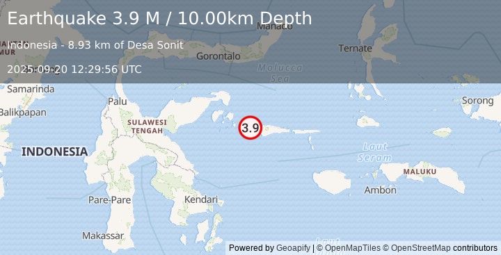 Earthquake Southern Molucca Sea (3.9 M) (2025-09-20 12:29:56 UTC)