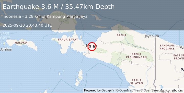 Earthquake West Papua Region, Indonesia (3.6 M) (2025-09-20 20:43:40 UTC)
