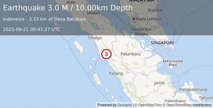 Earthquake Northern Sumatra, Indonesia (3.0 M) (2025-09-21 00:41:27 UTC)