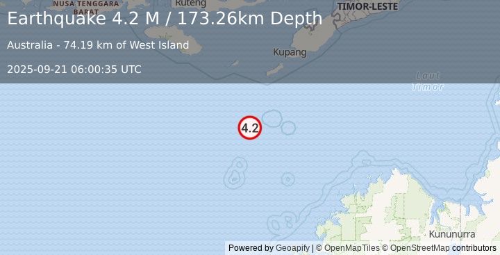 Earthquake South of Timor, Indonesia (4.2 M) (2025-09-21 06:00:35 UTC)