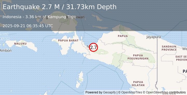 Earthquake West Papua Region, Indonesia (2.7 M) (2025-09-21 06:35:45 UTC)