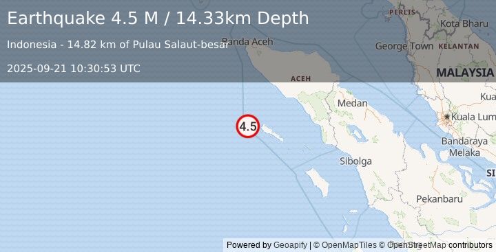 Earthquake Off West Coast of Northern Sumatra (4.5 M) (2025-09-21 10:30:53 UTC)