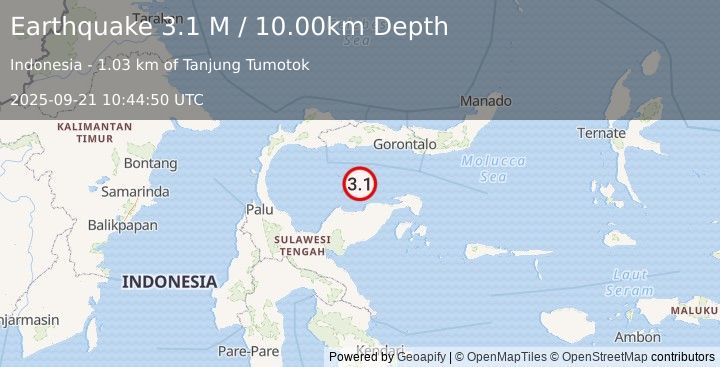 Earthquake Minahassa Peninsula, Sulawesi (3.1 M) (2025-09-21 10:44:50 UTC)