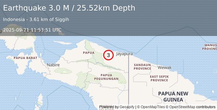 Earthquake Near North Coast of West Papua (3.0 M) (2025-09-21 11:53:51 UTC)