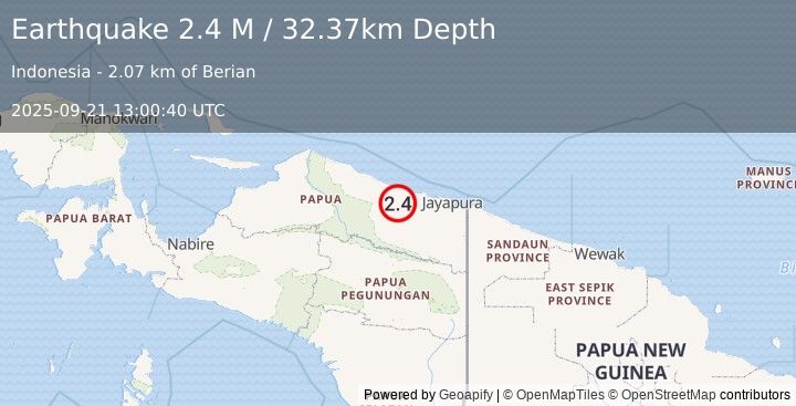 Earthquake Near North Coast of West Papua (2.4 M) (2025-09-21 13:00:40 UTC)