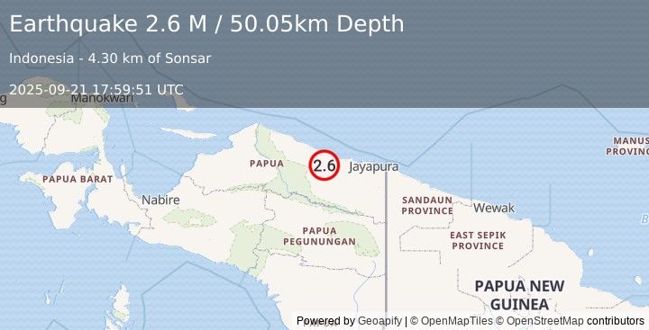 Earthquake Near North Coast of West Papua (2.6 M) (2025-09-21 17:59:51 UTC)