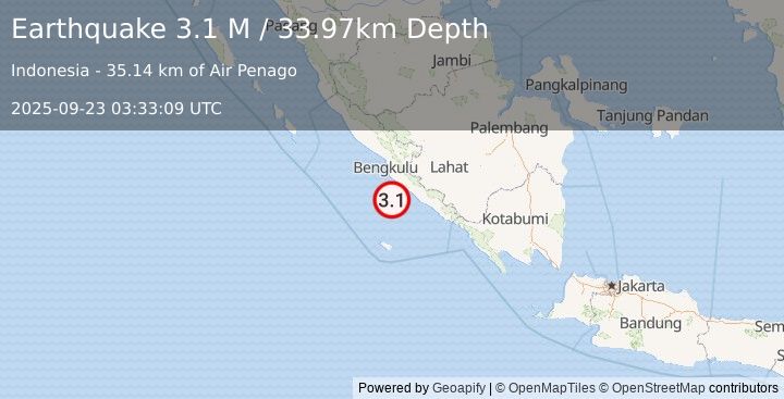Earthquake Southern Sumatra, Indonesia (3.1 M) (2025-09-23 03:33:09 UTC)