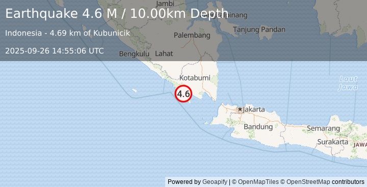Earthquake Southern Sumatra, Indonesia (4.6 M) (2025-09-26 14:55:07 UTC)