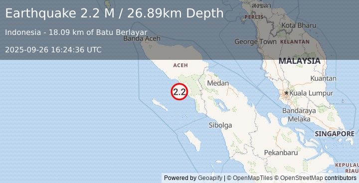 Earthquake Northern Sumatra, Indonesia (2.2 M) (2025-09-26 16:24:36 UTC)