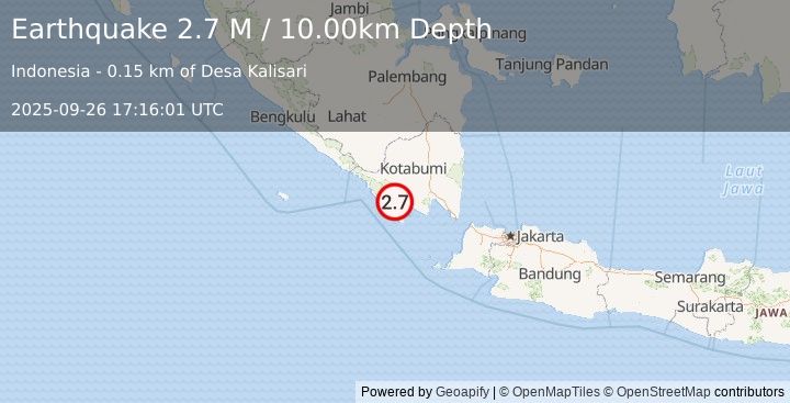 Earthquake Southern Sumatra, Indonesia (2.7 M) (2025-09-26 17:16:01 UTC)
