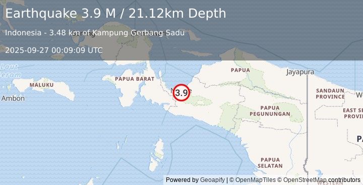 Earthquake West Papua Region, Indonesia (3.9 M) (2025-09-27 00:09:09 UTC)