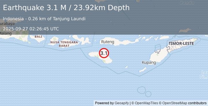 Earthquake Sumba Region, Indonesia (3.1 M) (2025-09-27 02:26:45 UTC)