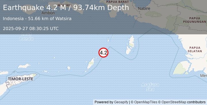 Earthquake Tanimbar Islands Region, Indonesia (4.2 M) (2025-09-27 08:30:25 UTC)