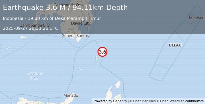 Earthquake Talaud Islands, Indonesia (3.6 M) (2025-09-27 20:33:26 UTC)