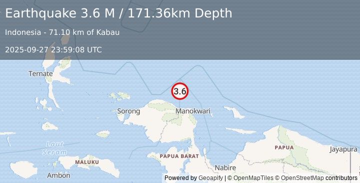 Earthquake West Papua Region, Indonesia (3.6 M) (2025-09-27 23:59:08 UTC)