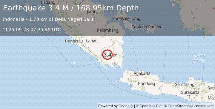 Earthquake Southern Sumatra, Indonesia (4.3 M) (2025-09-28 07:35:47 UTC)