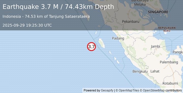 Earthquake Southern Sumatra, Indonesia (4.0 M) (2025-09-29 19:25:31 UTC)