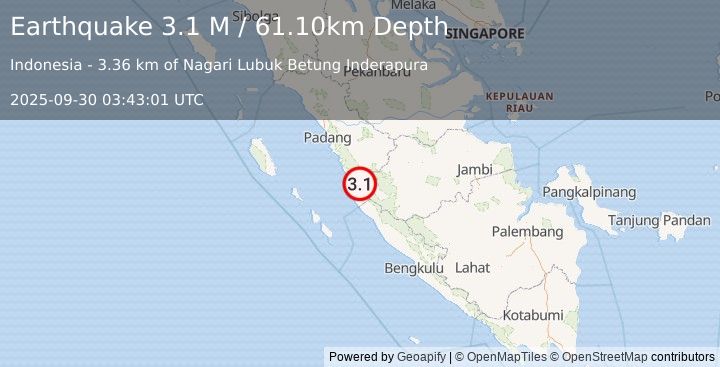 Earthquake Southern Sumatra, Indonesia (3.1 M) (2025-09-30 03:43:01 UTC)