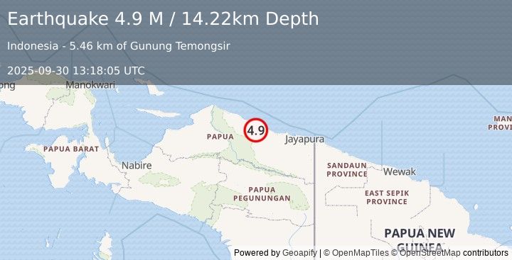 Earthquake Near North Coast of West Papua (4.9 M) (2025-09-30 13:18:06 UTC)