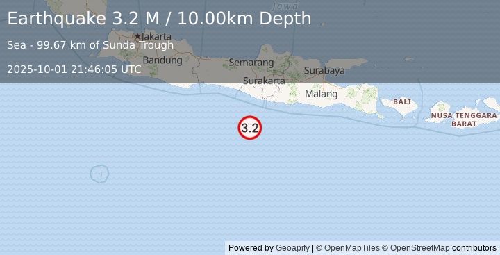 Earthquake South of Java, Indonesia (3.2 M) (2025-10-01 21:46:05 UTC)