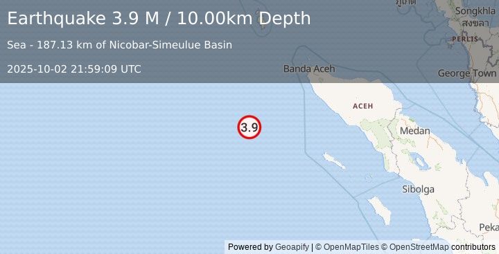 Earthquake Off West Coast of Northern Sumatra (3.9 M) (2025-10-02 21:59:09 UTC)