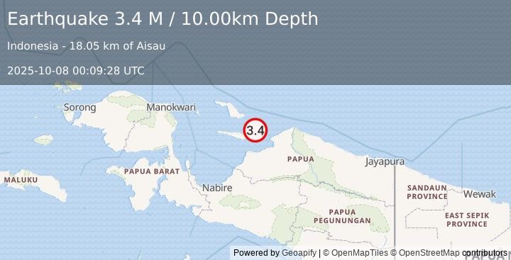 Earthquake West Papua Region, Indonesia (3.4 M) (2025-10-08 00:09:28 UTC)
