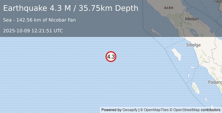 Earthquake Off West Coast of Northern Sumatra (4.3 M) (2025-10-09 12:21:51 UTC)