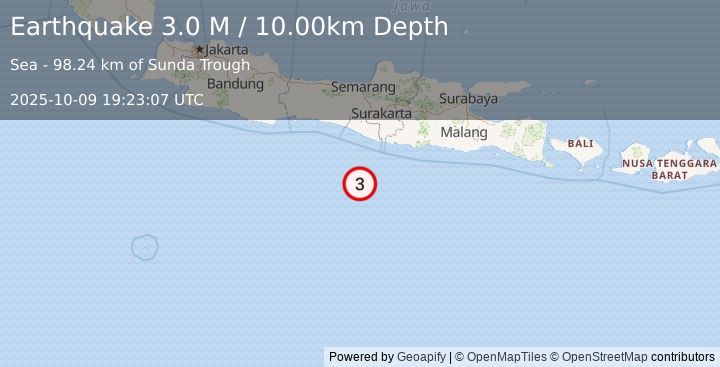 Earthquake South of Java, Indonesia (3.0 M) (2025-10-09 19:23:07 UTC)