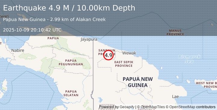 Earthquake New Guinea, Papua New Guinea (4.9 M) (2025-10-09 20:10:44 UTC)