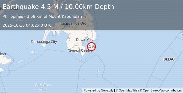 Earthquake Mindanao, Philippines (4.5 M) (2025-10-10 04:02:40 UTC)