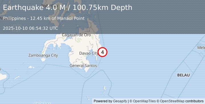 Earthquake Mindanao, Philippines (4.0 M) (2025-10-10 06:54:32 UTC)