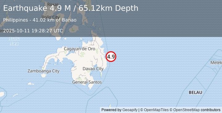 Earthquake Mindanao, Philippines (4.9 M) (2025-10-11 19:28:26 UTC)