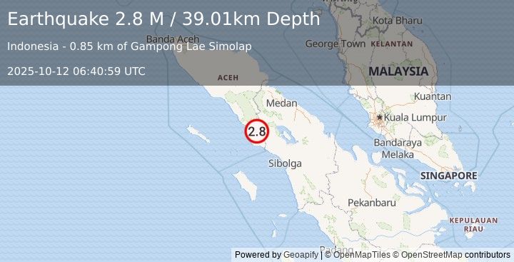 Earthquake Northern Sumatra, Indonesia (2.8 M) (2025-10-12 06:40:59 UTC)