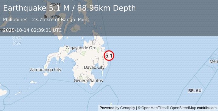 Earthquake Mindanao, Philippines (5.1 M) (2025-10-14 02:39:01 UTC)